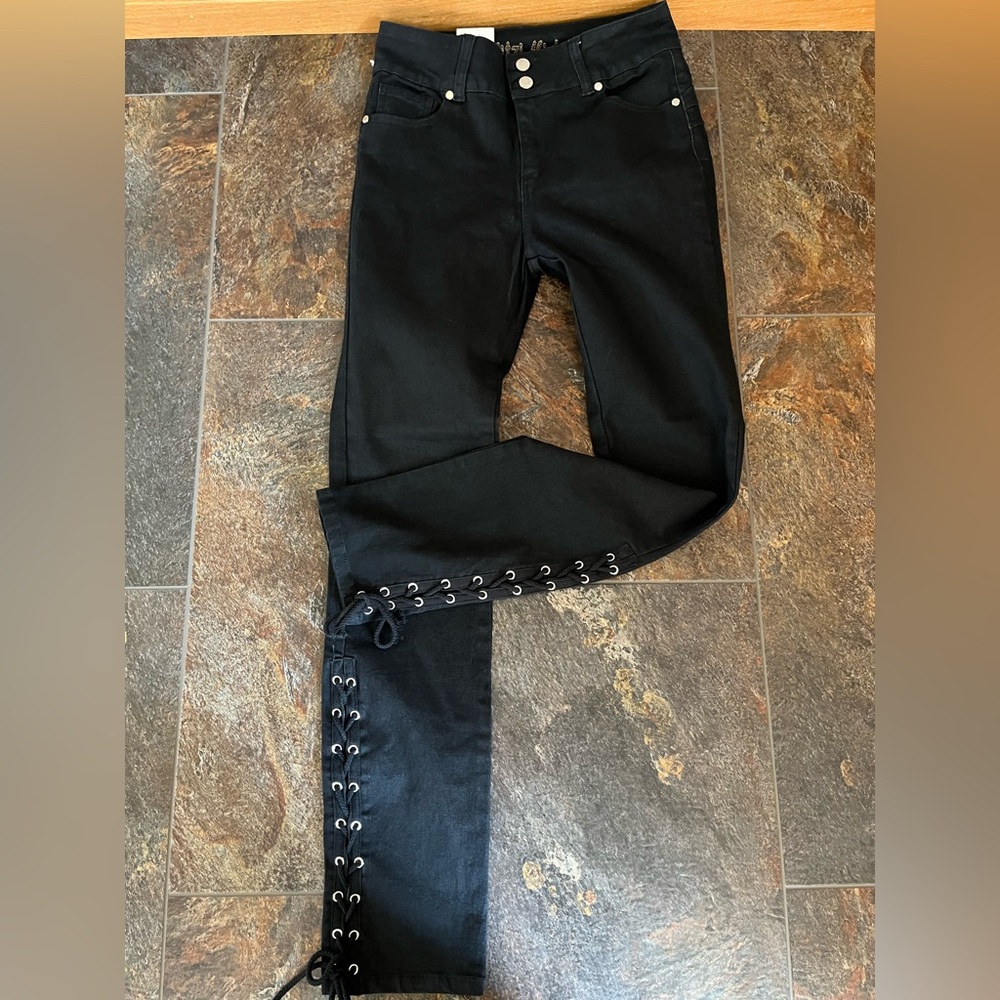 New Mitzi Michel black high rise lace up leg goth punk grunge skinny jean. 11 - Picture 4 of 11